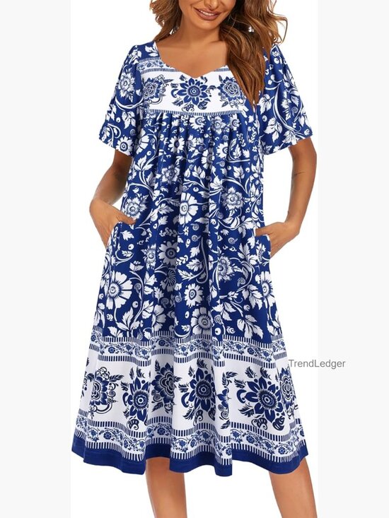 Other - Women's House Dress - Pleated Nightgown with Pockets, V-Neck, Short Sleeves